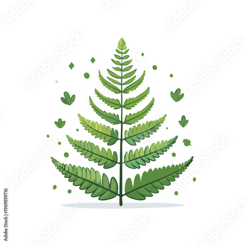Green fern frond with small leaves and geometric shapes illustration