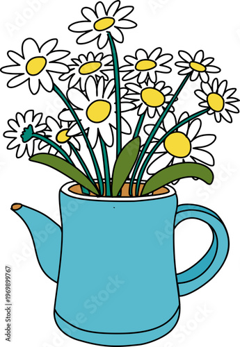 spring daisy flowers in watering can hand drawn illustration