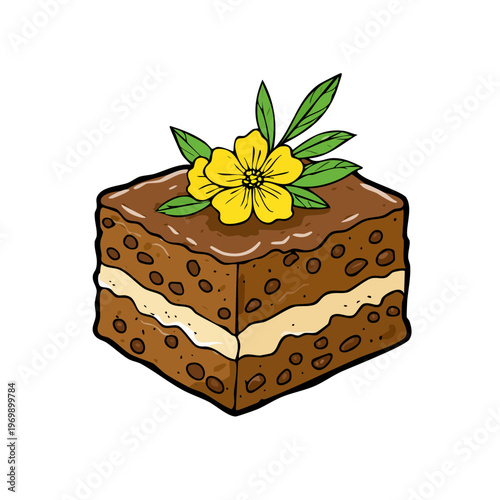 Hand-drawn square chocolate cake with vanilla cream and yellow flower decoration