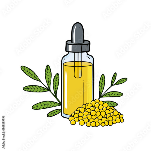 Essential Oil Dropper Bottle with Mustard Seeds and Green Leaves
