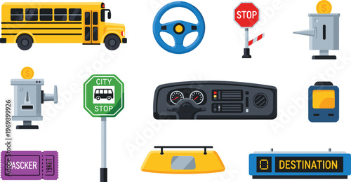 Transportation and Travel Icons Set Featuring Bus, Ticketing, and Stop Signs