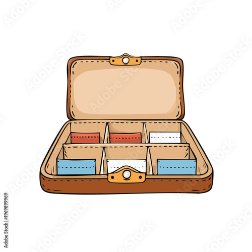 Open antique leather case with compartments for holding small items or cards