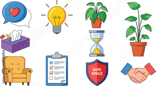 Wellness and Comfort Icons Set Featuring Relaxation, Safety, and Emotional Support Symbols