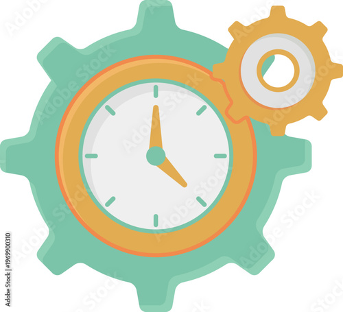 A clock and a gear are displayed on a clean white background, symbolizing time and mechanics.