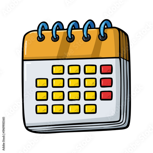 Cartoon spiral bound desk calendar with highlighted dates and blank squares representing time management planning