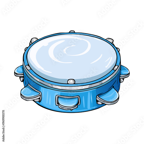 Blue tambourine with silver jingles on a white background isolated for music and celebration