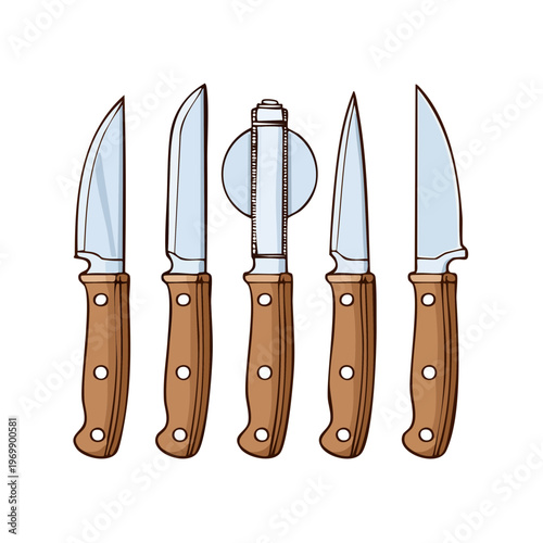 Variety of kitchen knives with wooden handles displayed in a row illustration