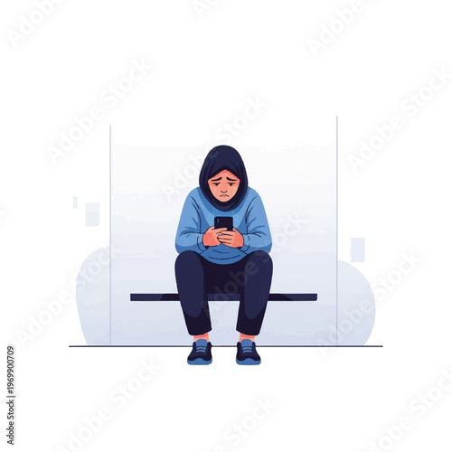 Woman Sitting on Bench Using Smartphone.
