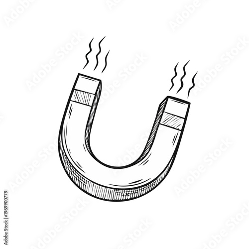 Hand-drawn illustration of a U-shaped magnet with subtle wisps emanating from its poles, symbolizing attraction and force