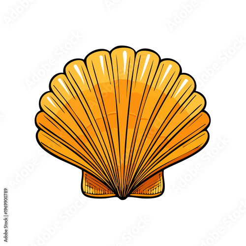 Vibrant Orange Scallop Shell Illustration with Detailed Ribbing