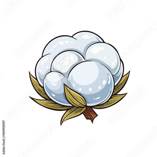 Cartoon fluffy white cotton boll with green leaves and brown stem isolated on white