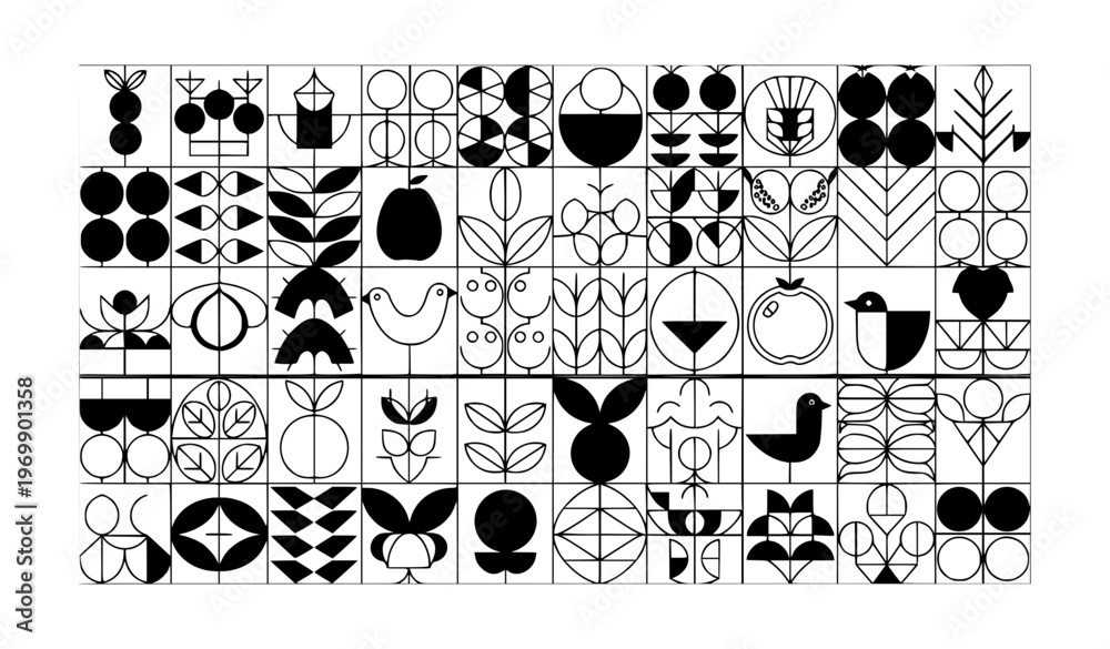 Fototapeta premium Seamless Bauhaus Geometric Nature Mosaic Pattern Black and White Minimal Vector Illustration