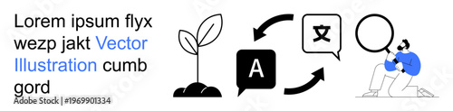 Language learning, communication, global interaction, knowledge sharing, education, translation services. Symbols include a plant, language icons and person with magnifier. Language learning