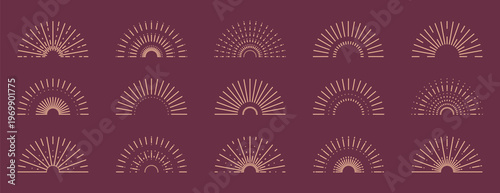 Set of boho half sunrise line icons with various retro, geometric, and radiating line designs
