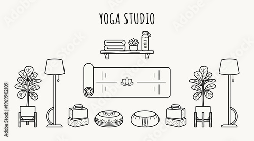 Yoga space icons: mat, blocks, cushion, plant, lamp, shelf, rolled mat, bottle.