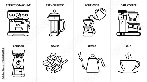 Coffee equipment icons: espresso machine, French press, pour-over, drip, grinder, beans, kettle, cup.