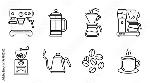 Coffee equipment icons: espresso machine, French press, pour-over, drip, grinder, beans, kettle, cup.