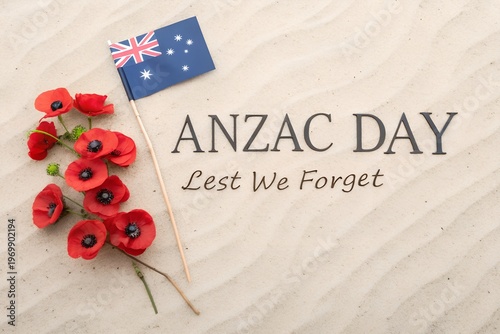 Lest We Forget ANZAC Day, Australian Flag with Poppies, ANZAC Day Remembrance, Red Poppies and Flag, ANZAC Day Tribute