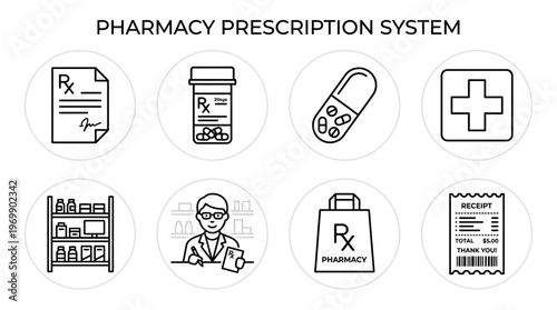 Pharmacy icons: prescription, pill bottle, capsule, cross, shelf, pharmacist, bag, receipt.