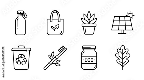 Eco-living icons: bottle, tote bag, plant, solar panel, bin, toothbrush, jar, leaf.