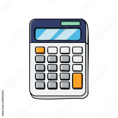Cartoon calculator with a digital display and numerous buttons for calculations