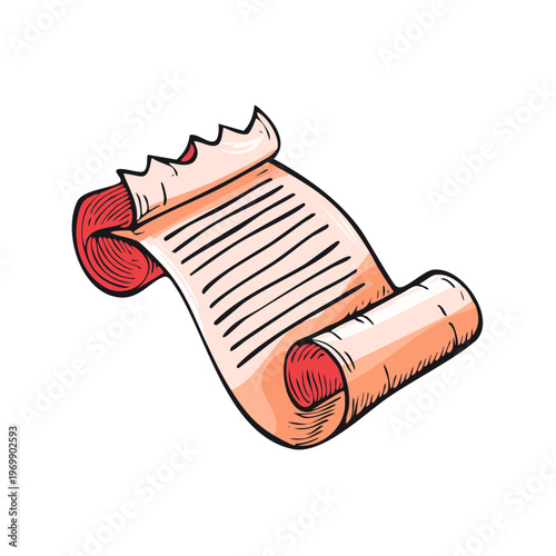 Rolled Parchment Scroll with Handwritten Text and Jagged Edges