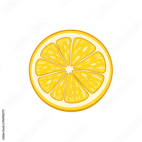 Vibrant yellow lemon slice illustration with segmented pulp and white background