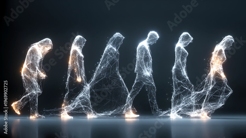 Abstract human silhouette glowing line art digital wireframe walking figure evolution concept futuristic light cyber human motion blur technology