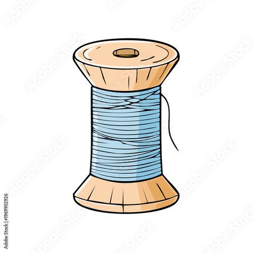 Hand drawn illustration of a light blue thread wound around a wooden spool