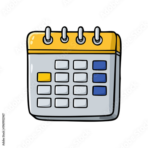 Hand drawn cartoon desk calendar with highlighted dates and spiral binding