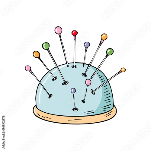 Sewing pincushion with colorful pins assortment