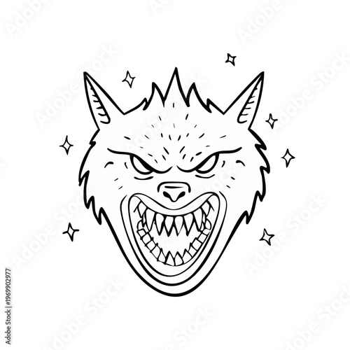 Fierce werewolf head with bared fangs and sharp teeth drawing sparkles