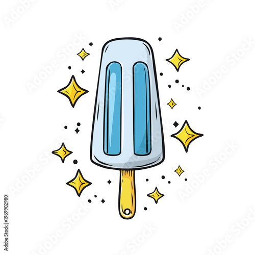 Refreshing Blue Popsicle with Sparkling Stars and Dots, Hand-Drawn Style