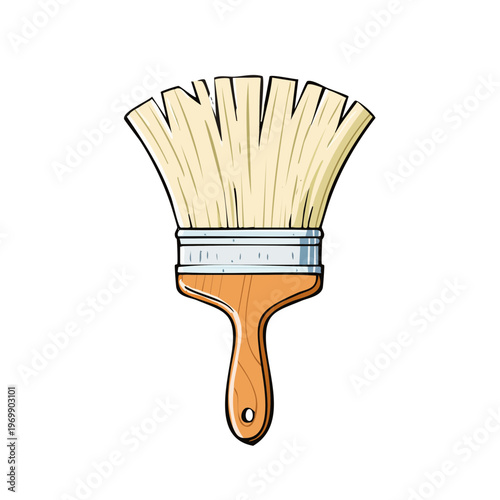 Handheld paintbrush with wooden handle and splayed bristles for painting and decorating projects