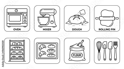 Baking icons: oven, mixer, dough, rolling pin, bread rack, tray, flour, utensils.