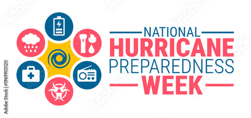 National Hurricane Preparedness Week background, banner, card or poster design template is observed every year during May, to raise awareness about the mission. Vector illustration.