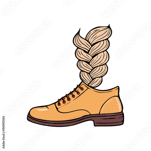 Stylized Beige Oxford Shoe with Blond Hair Braid Emerging from Top