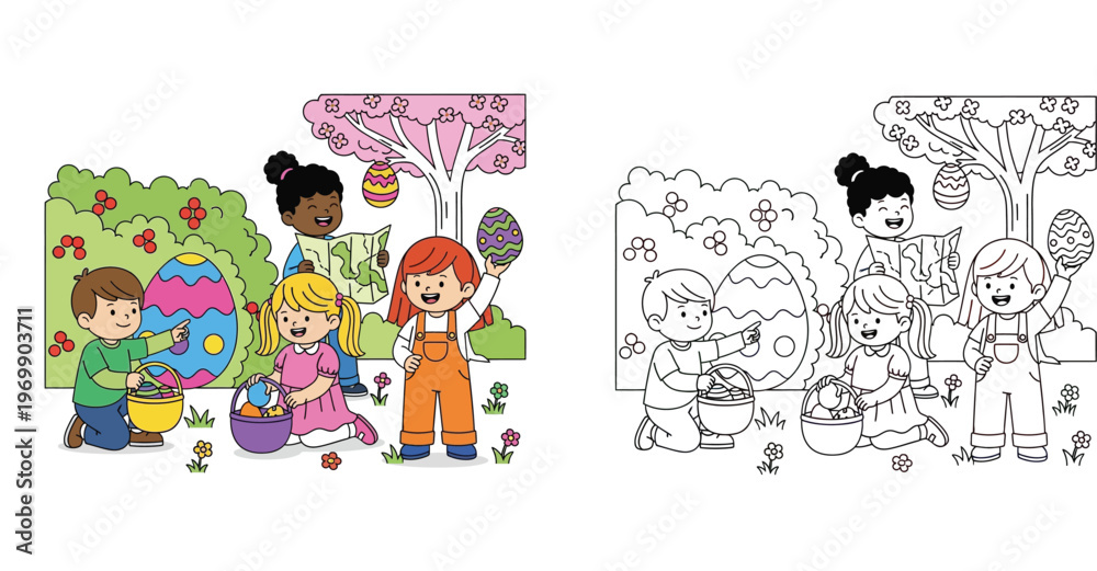Obraz premium Diverse Children Participating in Easter Egg Hunt in a Garden: Color and Black and White Line Art Version for Kids Coloring Book and Activities