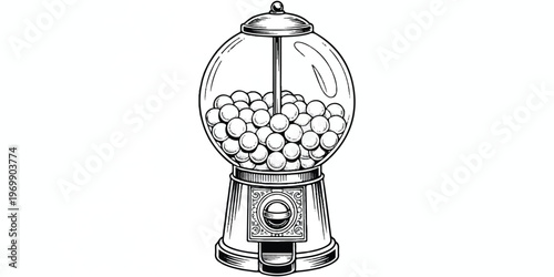 A black and white line drawing of a classic gumball machine with intricate details