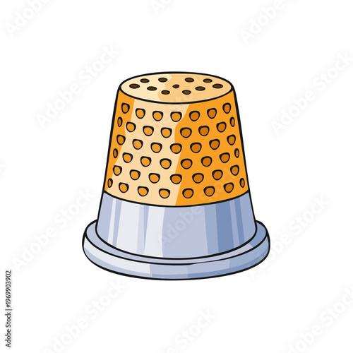 Illustration of a sewing thimble with dimpled surface and metallic base for finger protection during needlework