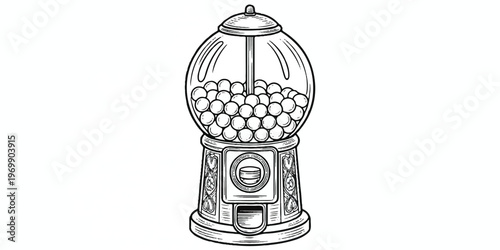 A black and white line drawing of a classic gumball machine with intricate details