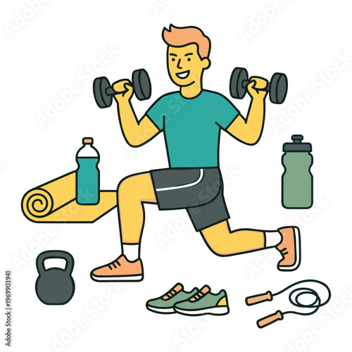 Man exercising with dumbbells in gym with fitness equipment around him