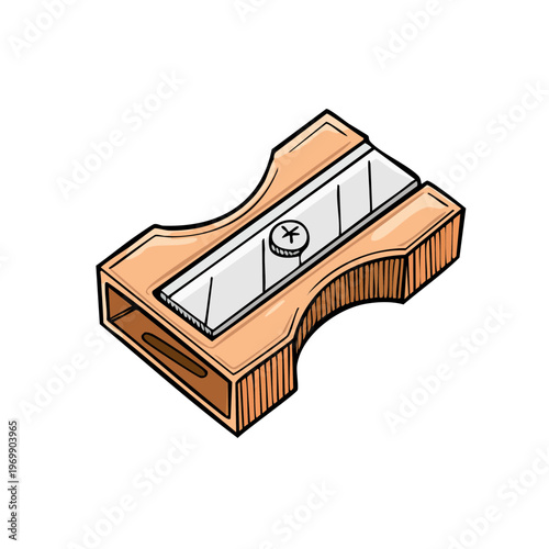 Cartoon image of a small handheld manual pencil sharpener with a metal blade