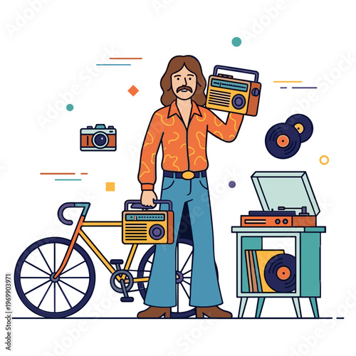 Man holds retro boombox near bicycle and record player with music equipment