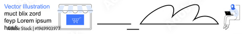 E-commerce, cloud storage, remote work, digital transactions, online business, work-from-anywhere. Online store icon, cloud graphic and remote worker. E-commerce and cloud storage concept