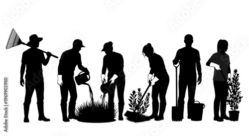 Gardeners at Work: Silhouette Illustration of People Gardening with Rake, Watering Can, Shovel and Plants for Landscaping or Agriculture Projects