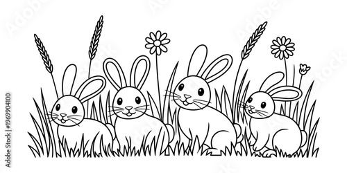 A charming line art illustration featuring four cute bunnies playing together in a grassy field Vector, illustration
