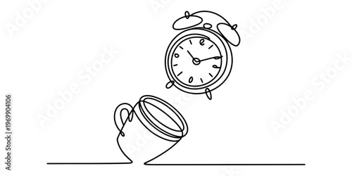 A single continuous line drawing of an alarm clock hovering over a coffee mug on a white background Vector, illustration