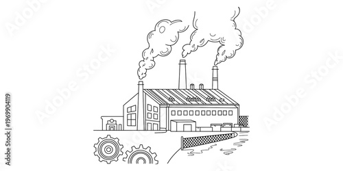 A black and white line drawing of a large industrial factory with smokestacks releasing smoke. Vector, illustration