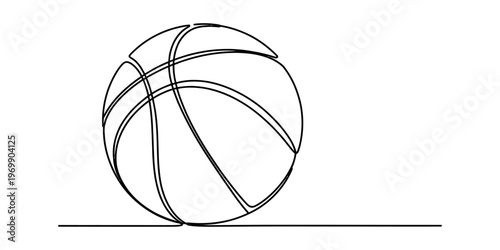 A minimalist single line drawing of a basketball isolated on a plain white background surface. Vector, illustration